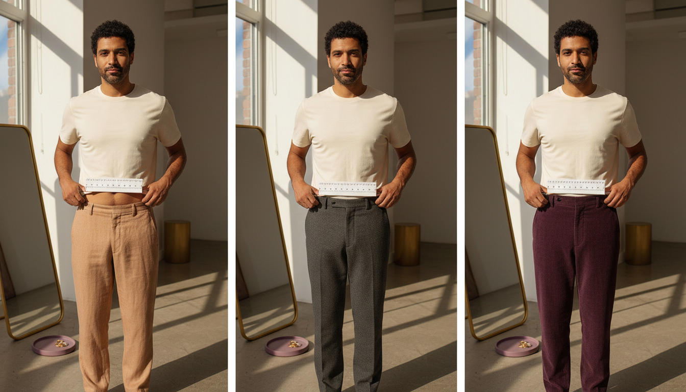 Man shown from torso to thigh wearing trousers at low, mid, and high rise to illustrate how waistband height changes proportions.