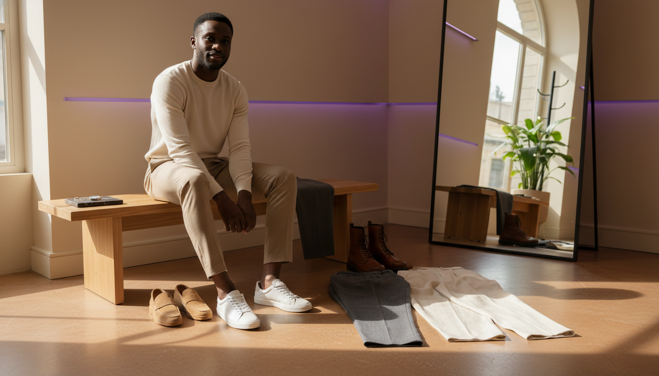 Man in a bright modern entryway pairing different shoes with slim, straight, and wide-leg pants to show how hems meet sneakers, loafers, and boots.