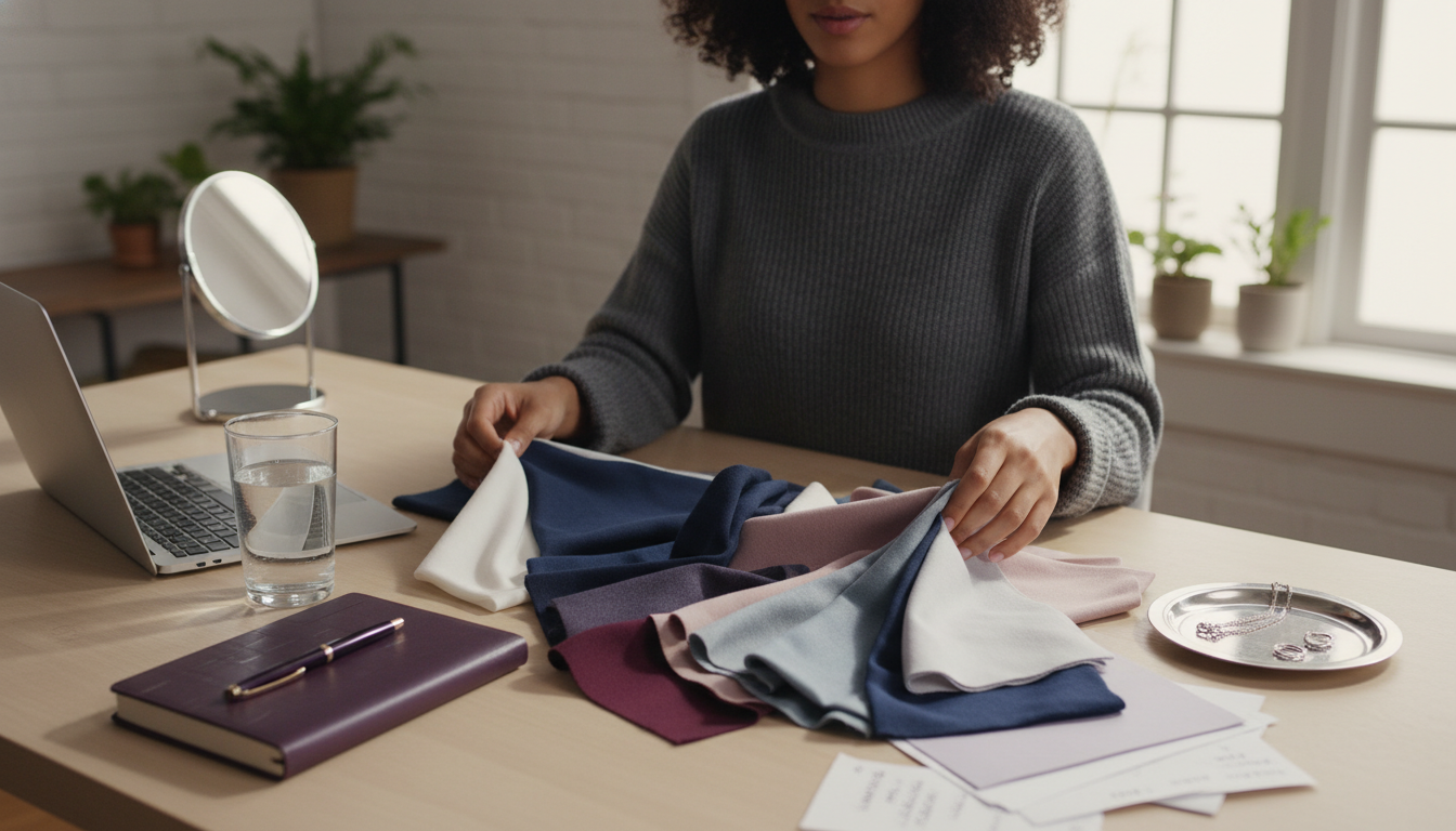 Cool-toned fabric swatches and wardrobe elements in blues, mauves, and silvers arranged neatly on a sunlit desk.