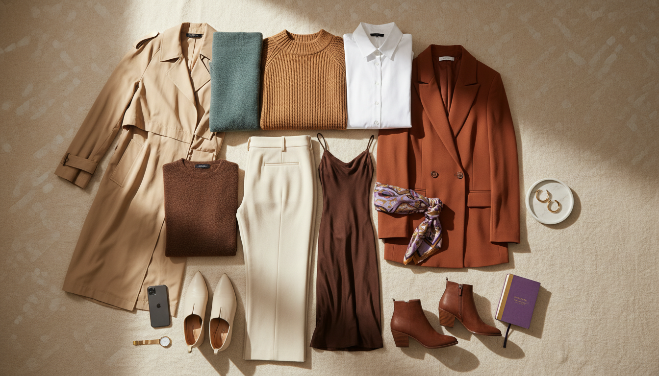Sunlit flat lay of capsule wardrobe pieces in a cohesive neutral and muted color palette arranged on a warm bone-colored background.