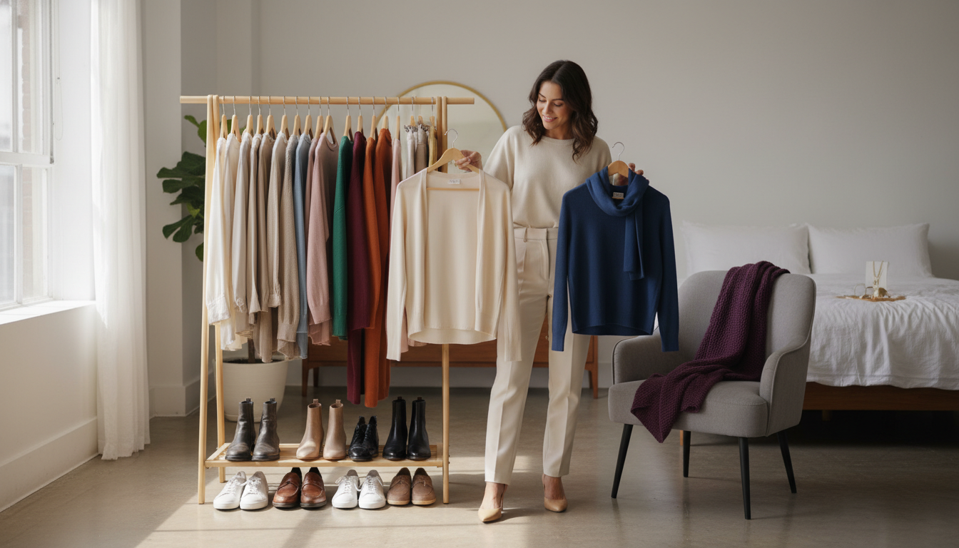 Young woman comparing two coordinated outfits in front of a neatly organized capsule rack with mix-and-match colors.
