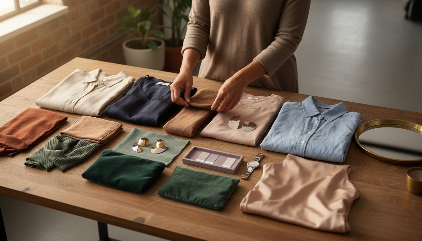 Folded clothes and swatches in balanced warm-cool tones that suit neutral skin undertones, styled as a minimal still life.