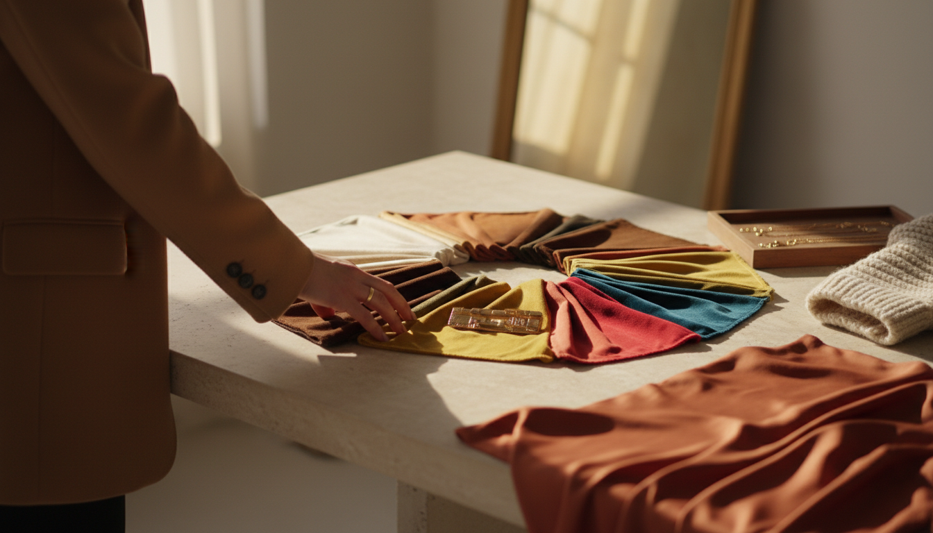 Stylist arranging warm-toned fabric swatches and clothing pieces in a cohesive palette suitable for warm skin undertones.