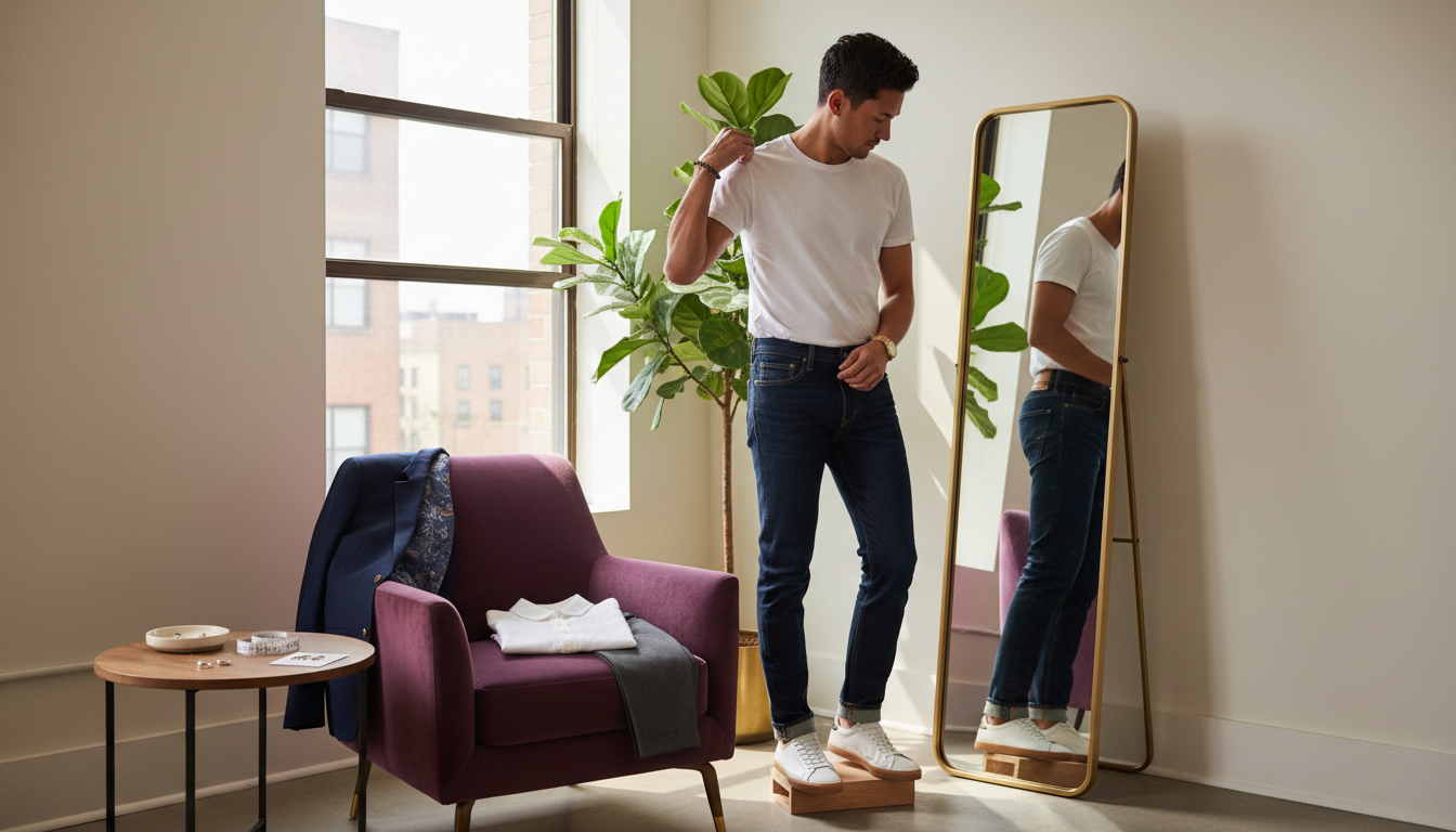 Man in a bright apartment checking how his T-shirt, jeans, and blazer fit in natural light.