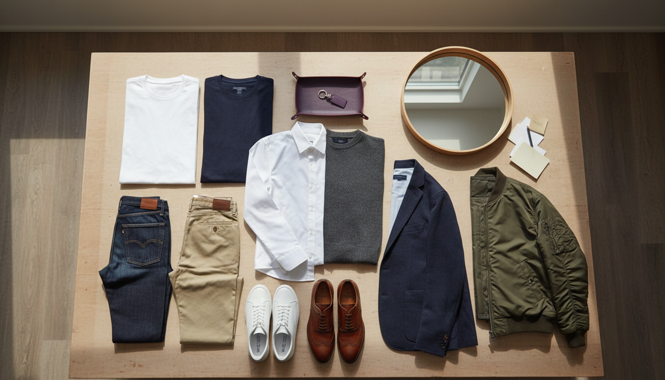 Sunlit flat lay of 10 minimalist men’s wardrobe essentials arranged on a neutral background in a clean, modern composition.