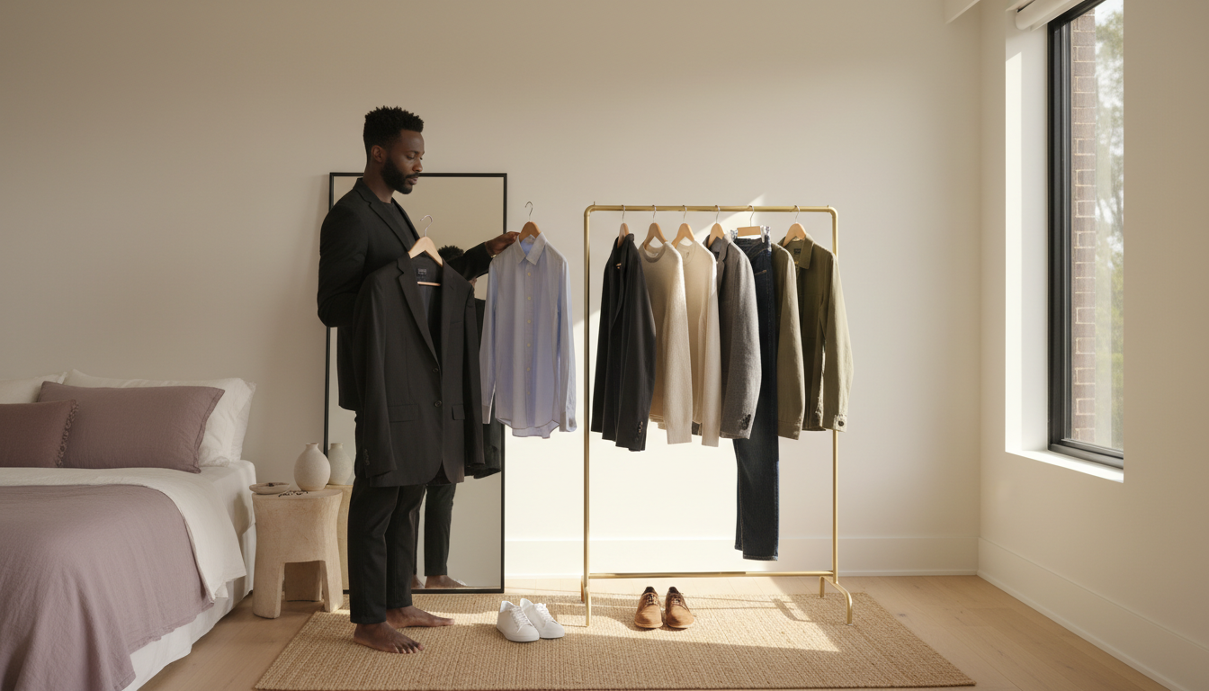 Curated clothing rack with ten men’s wardrobe essentials and a man selecting outfit combinations.