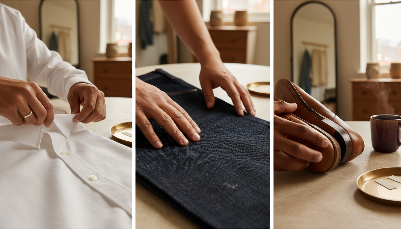 Hands examining the stitching on a shirt, fabric of jeans, and leather of a dress shoe in natural light.