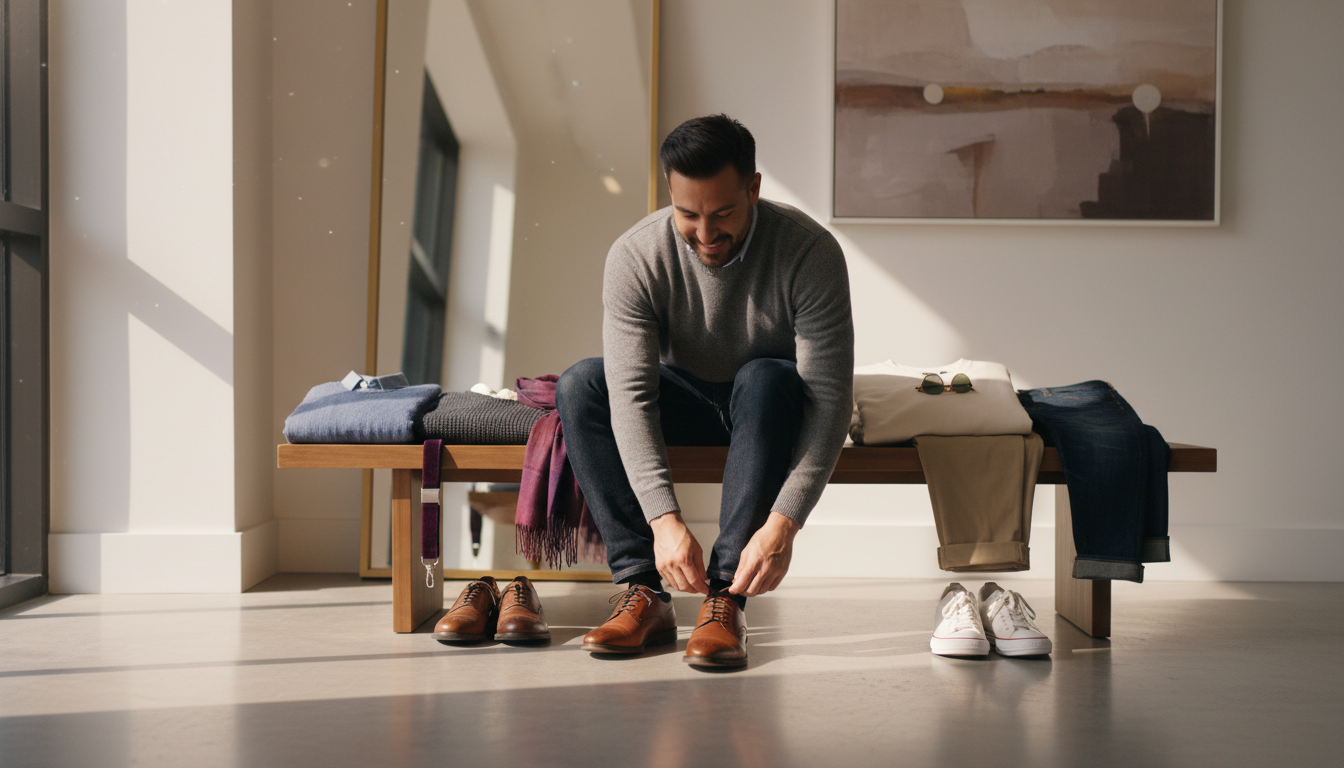 Two seasonal men’s outfits arranged on a bench beside a man getting ready in natural light.