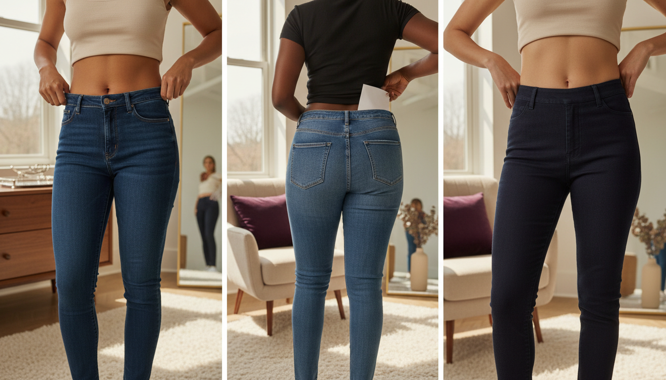 Close-up views of jean waistbands showing muffin top, back gaping, and a smooth corrected fit on real bodies.