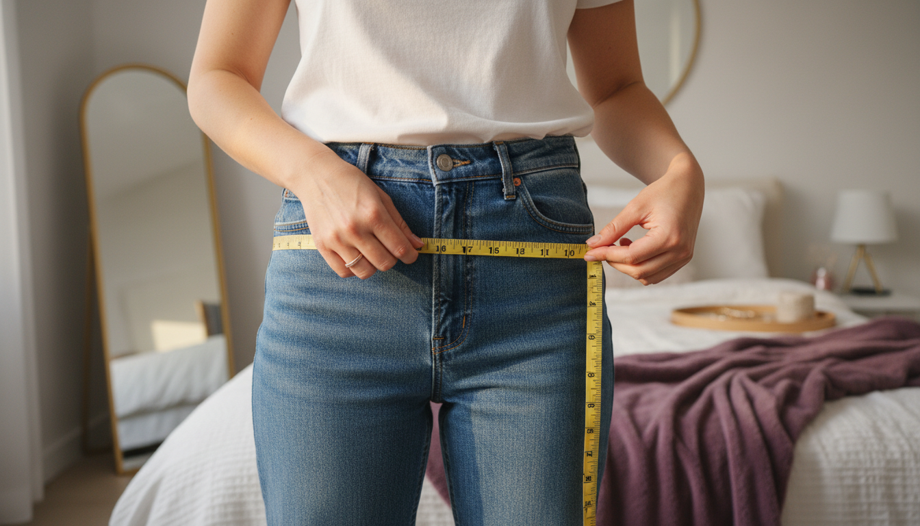 Close-up of a woman measuring jean rise with a tape from crotch seam to waistband on mid-rise blue jeans.