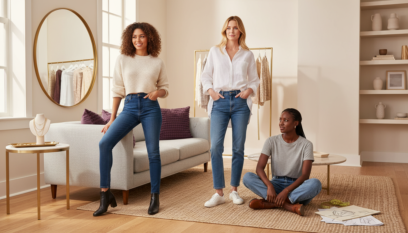 Three women in one room styling high, mid, and low-rise jeans with different top lengths and shoes to demonstrate proportion.