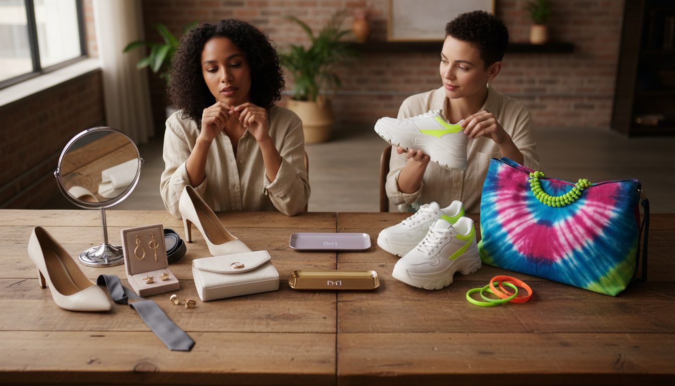 Contrasting sets of accessories on one table, with refined wedding-ready pieces separated from overly casual, loud items.