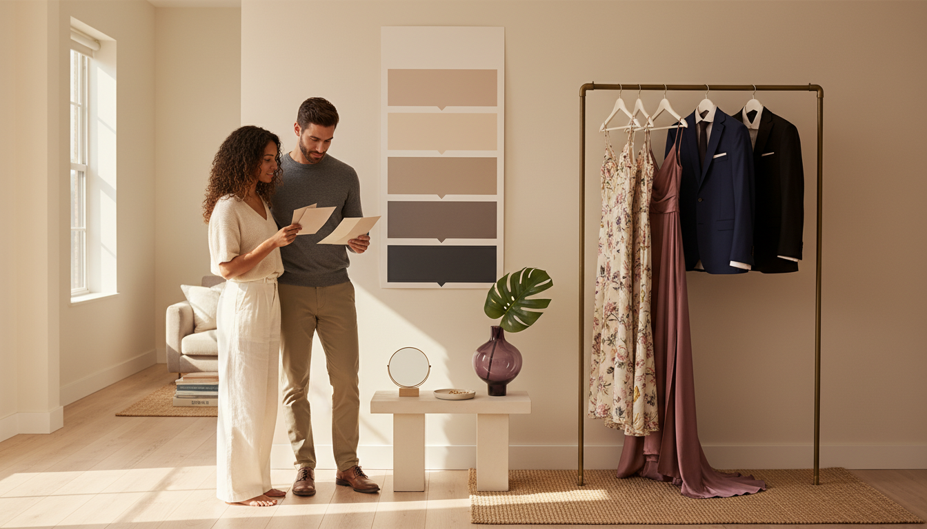 Couple reviewing wedding invitations beside a clothing rail that moves from casual outfits to a tuxedo and gown.