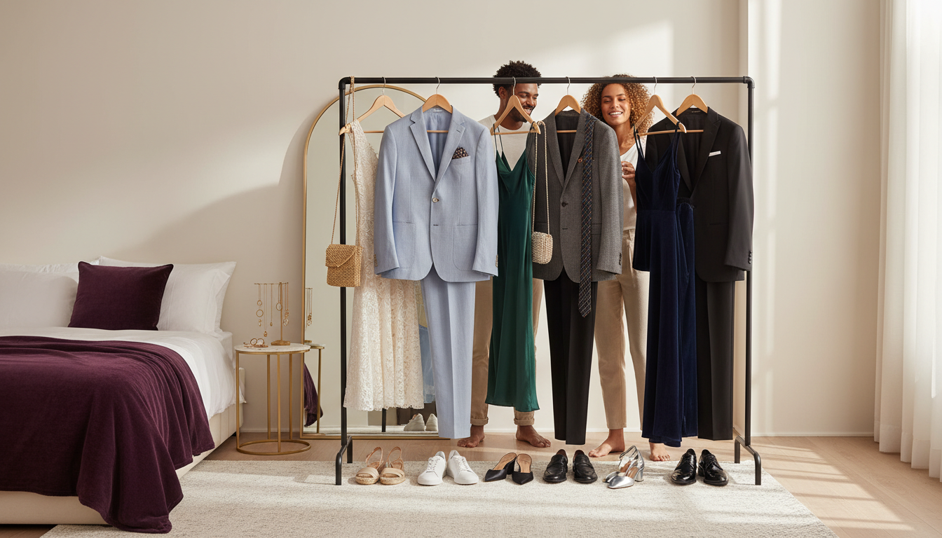 Minimalist clothing rail displaying six complete wedding guest outfits from casual to black tie for women and men.