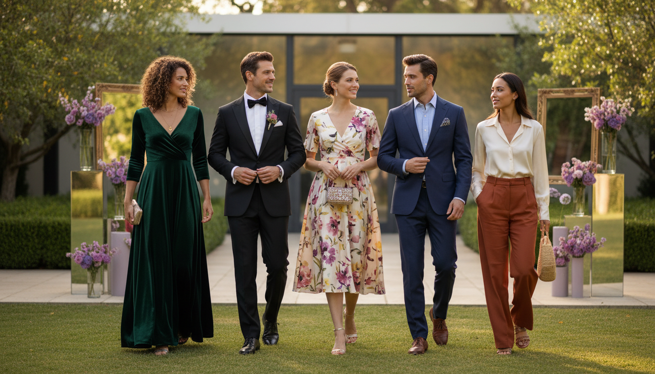 Stylish wedding guests in cocktail, semi-formal, and black-tie outfits walking through a sunlit outdoor venue.