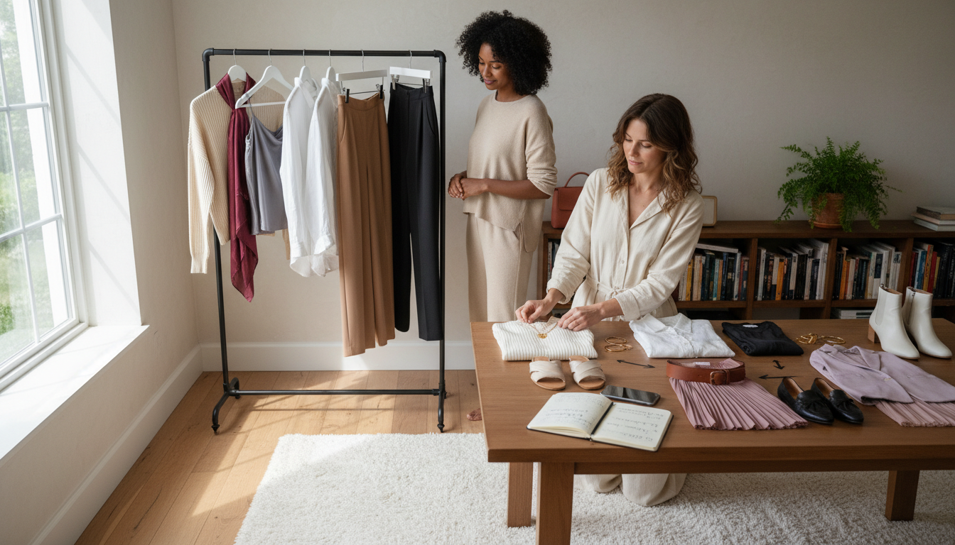 Minimal capsule wardrobe rail and table with multiple outfits laid out, showing how a few pieces mix into many looks.