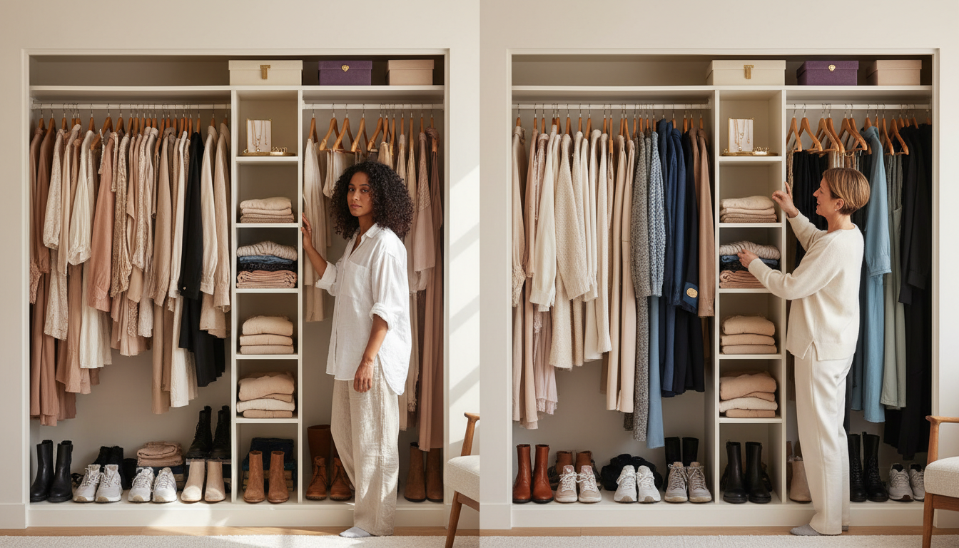 Open wardrobe showing a messy, overstuffed section beside a newly edited, color-coordinated and organized section in the same space.