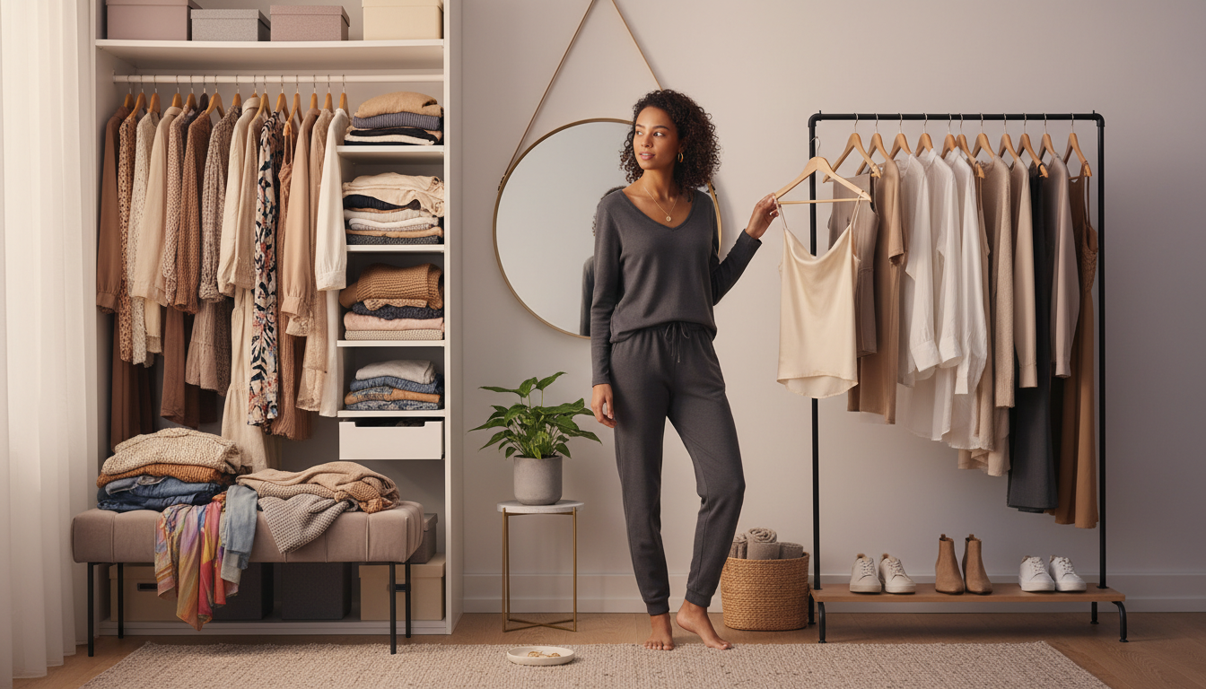 Sunlit bedroom with one chaotic overstuffed closet and one neatly curated wardrobe rail, showing the contrast between clutter and calm.