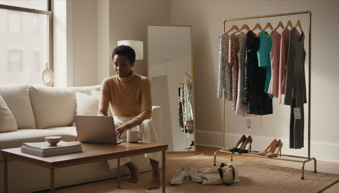 Young woman working casually at home while a rack behind her holds dressy outfits and pristine gym sets that don’t match her everyday life.