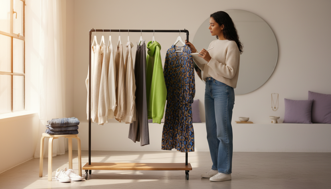 Minimal clothing rail with cohesive neutrals and a few isolated bold pieces, and a woman thoughtfully assessing one standout item.