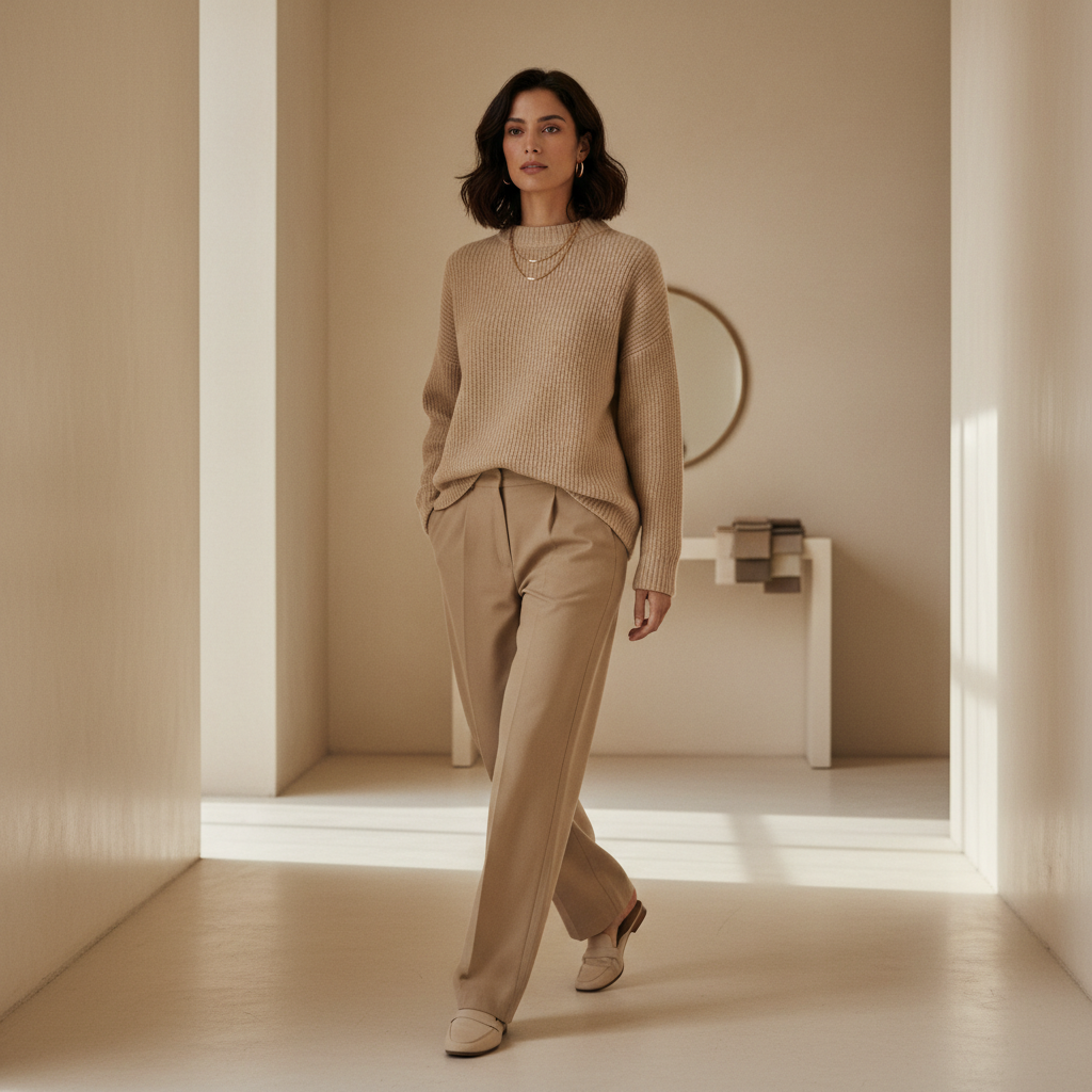 Woman in a minimalist hallway wearing low-, medium-, and high-contrast outfits in separate moments, showing how contrast levels change how alive she looks.