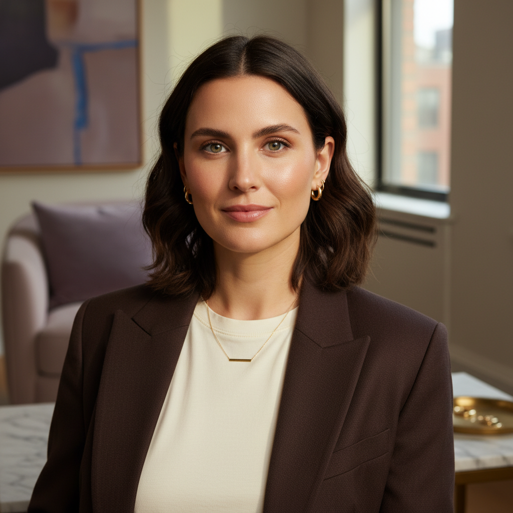 Woman in ivory tee and deeper blazer with simple gold jewelry, showing how contrast around the neckline and shoulders brightens her face.