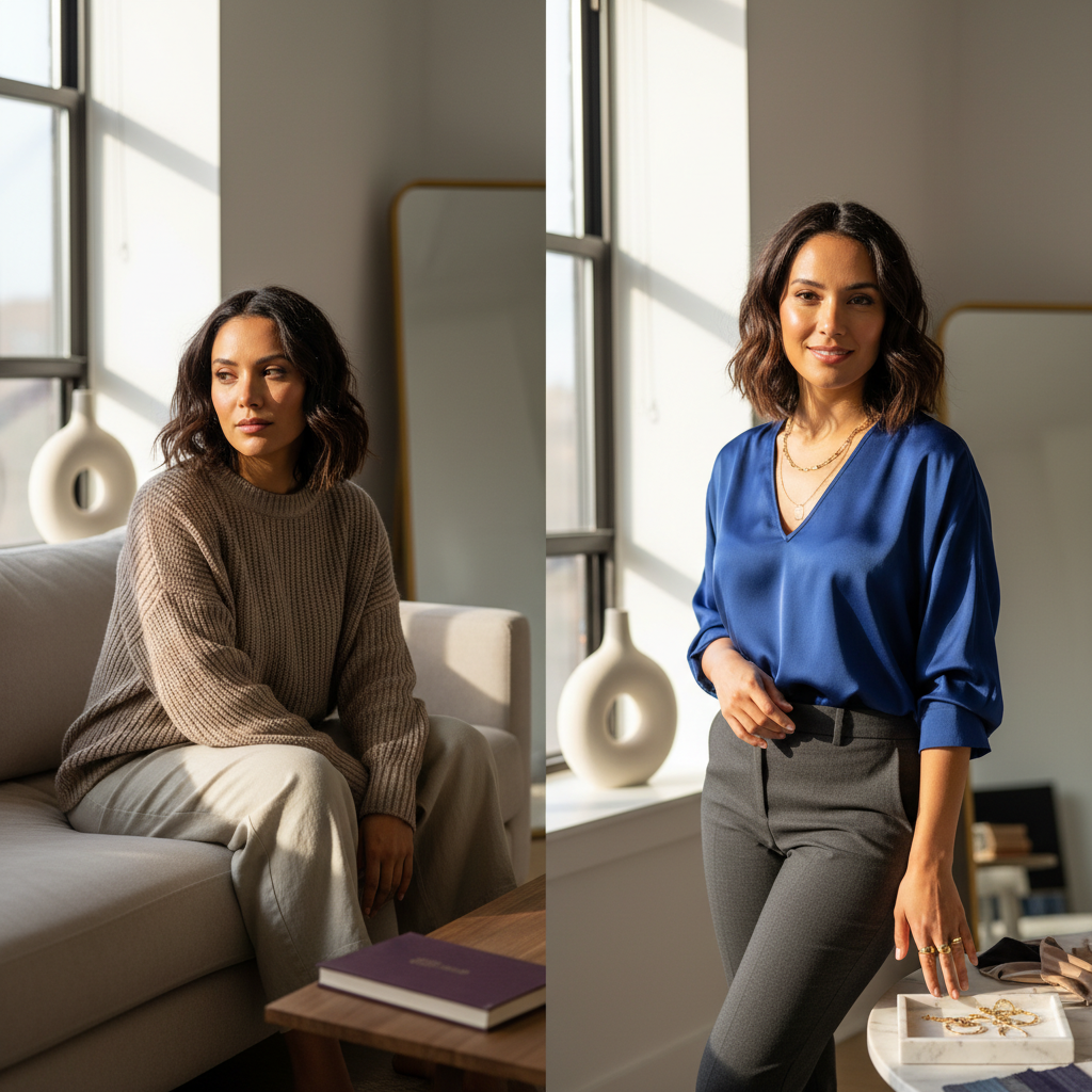 Woman indoors wearing a dull beige sweater in one look and a vibrant, flattering outfit in another, showing how color choice changes how alive she appears.