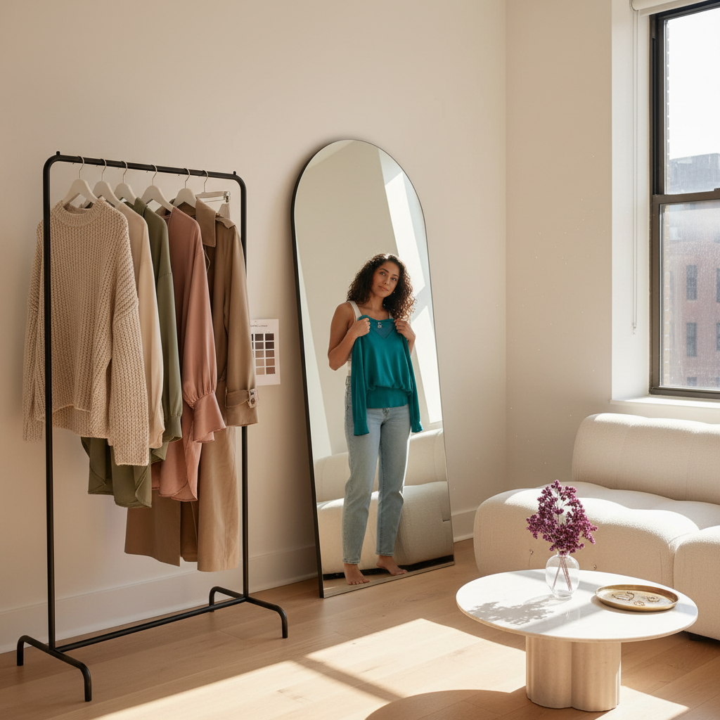 Woman comparing a rack of muted ‘safe’ neutrals with a single vibrant top that clearly makes her look more alive in the mirror.