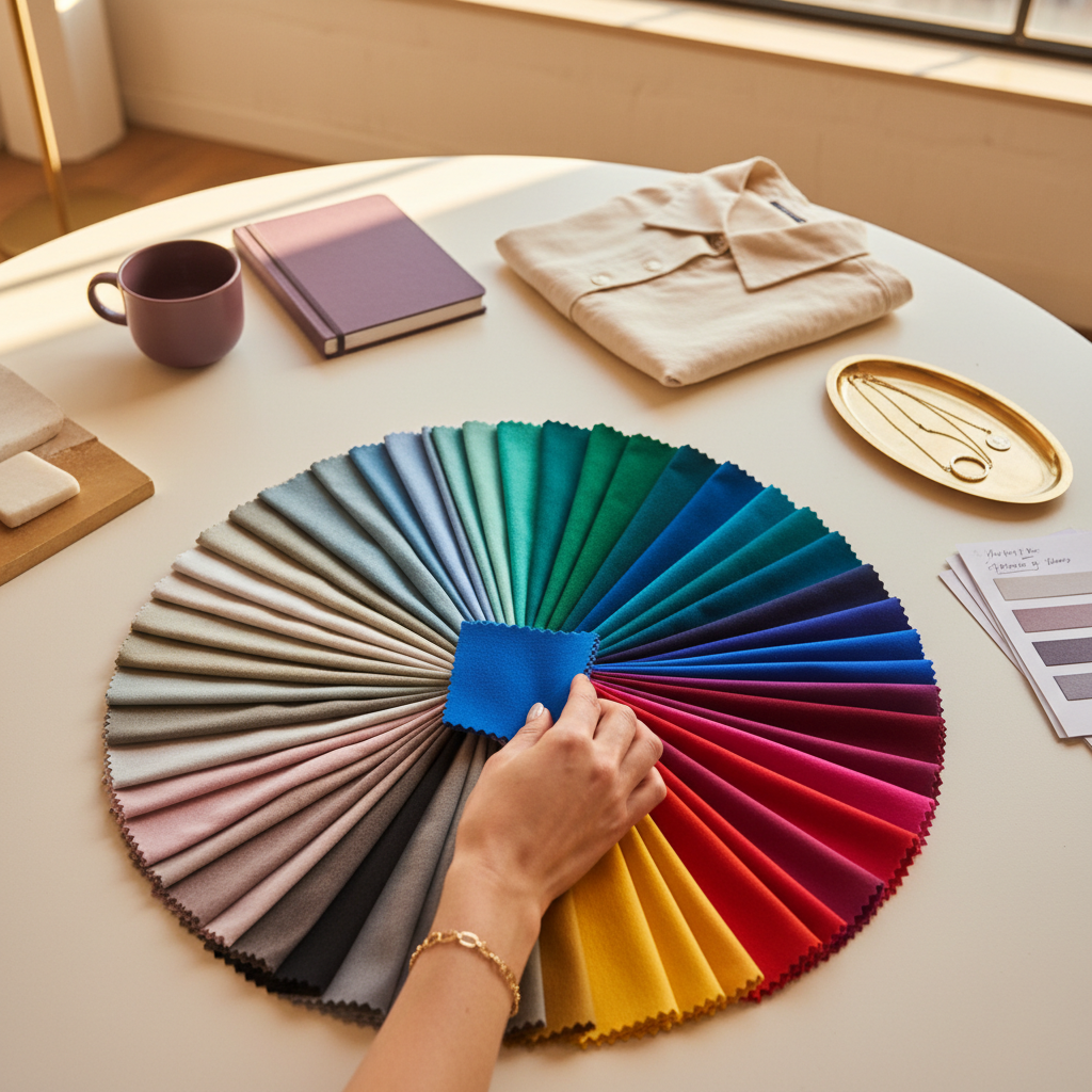 Stylist’s hands choosing vibrant fabric swatches over washed-out muted ones arranged in a circular fan on a minimalist table.