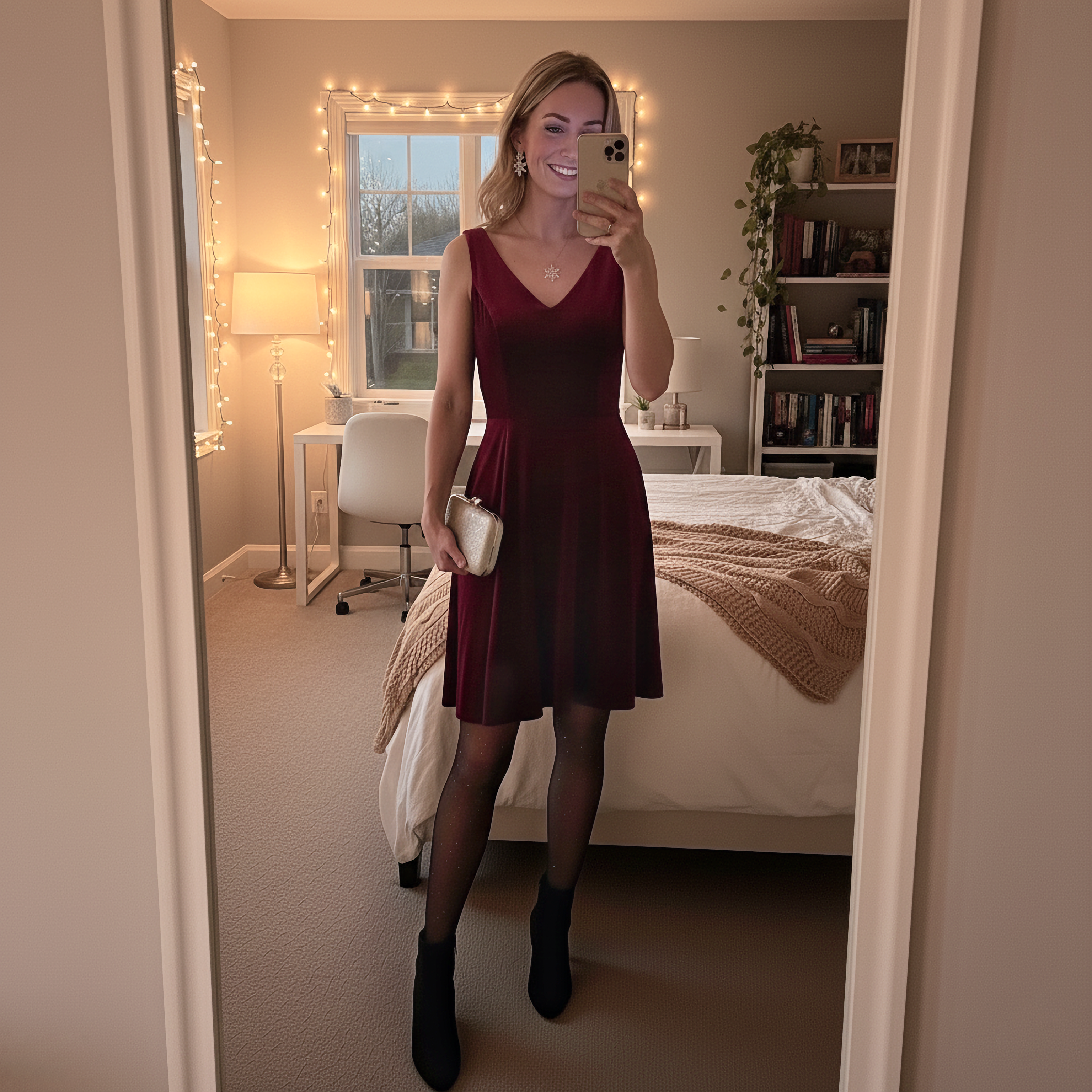 Woman in cream sweater mirror selfie